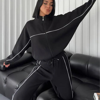 Zekye Women's Clothing Long-sleeved Semi-turtleneck Cardigan Sweater Strappy Striped Trousers Women's Suit Collection 2025 - Kimlud