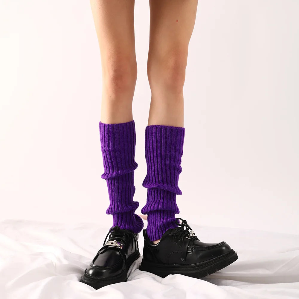 Women Halloween 80s Neon Colored Knit Leg Warmers Ribbed Bright Footless Socks Punk Black Knee High Gothic Hip-hop Rock Sock
