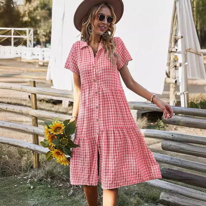 2026 Women's Checkered Short-Sleeve Shirtdress Single-breasted Button-down Short-sleeved Dress Casual Country-style Long...