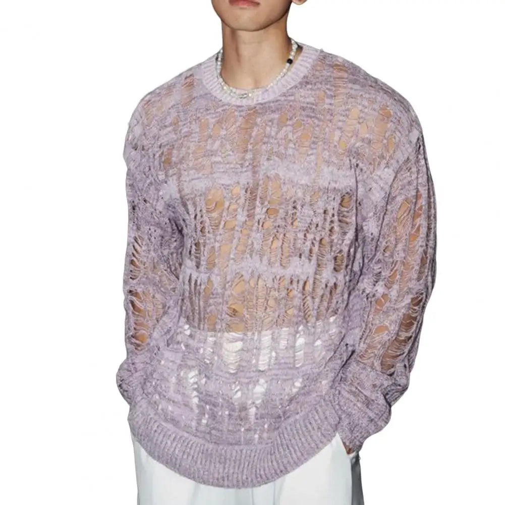 Men Tops Hollow-Out Mesh Knit Tops Crew Neck Long Sleeve Knitted T-Shirt Men Clothing Retro T-Shirt Spring Streetwear - Kimlud