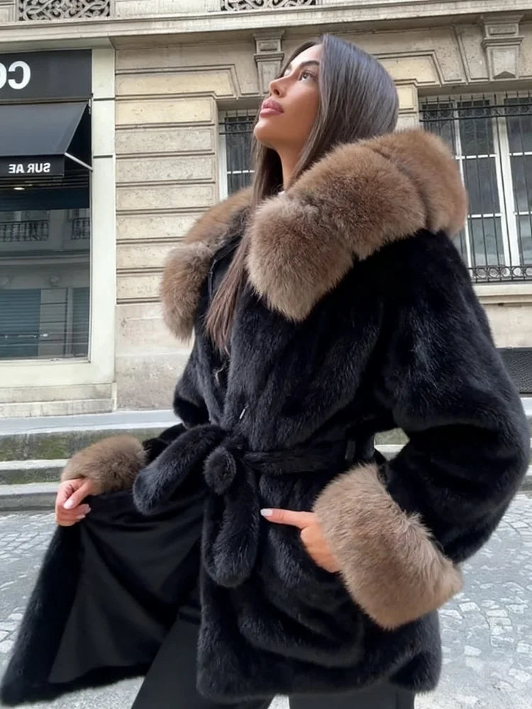 Women's Faux Fur Coats Lace Up Waist Cinching Winter Coat Autumn 2025 Female Furry Long Sleeve Slim Jacket Chic Ladies Outerwear