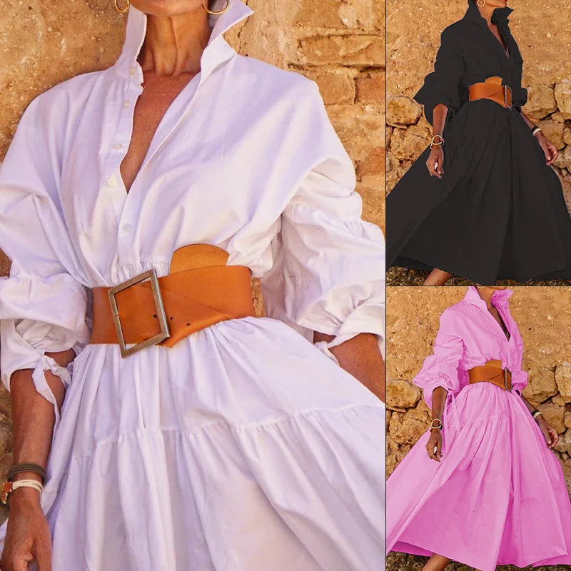 Casual Long Sleeve V-Neck Dress Women's Fashionable Autumn Midi Length A-Line Dress Street Style High Waist Button...