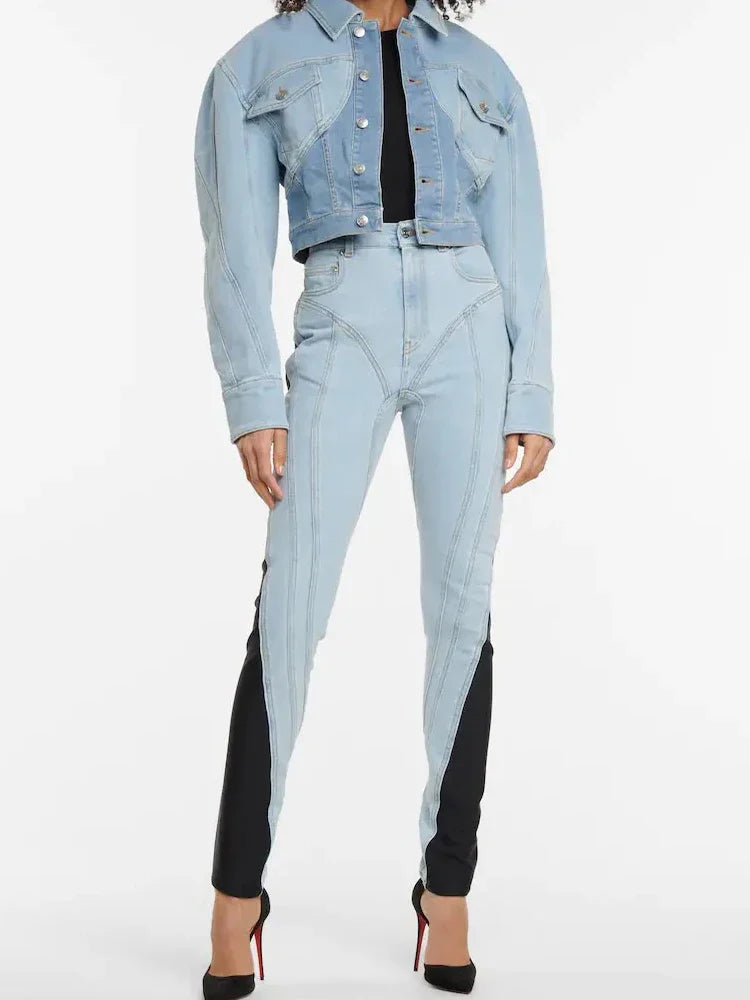 Patchwork Colorblock Women's Jeans High Waist Slim Casual Straight Denim Pencil Pants Female Fashion | Kimlud Mid Range Pants