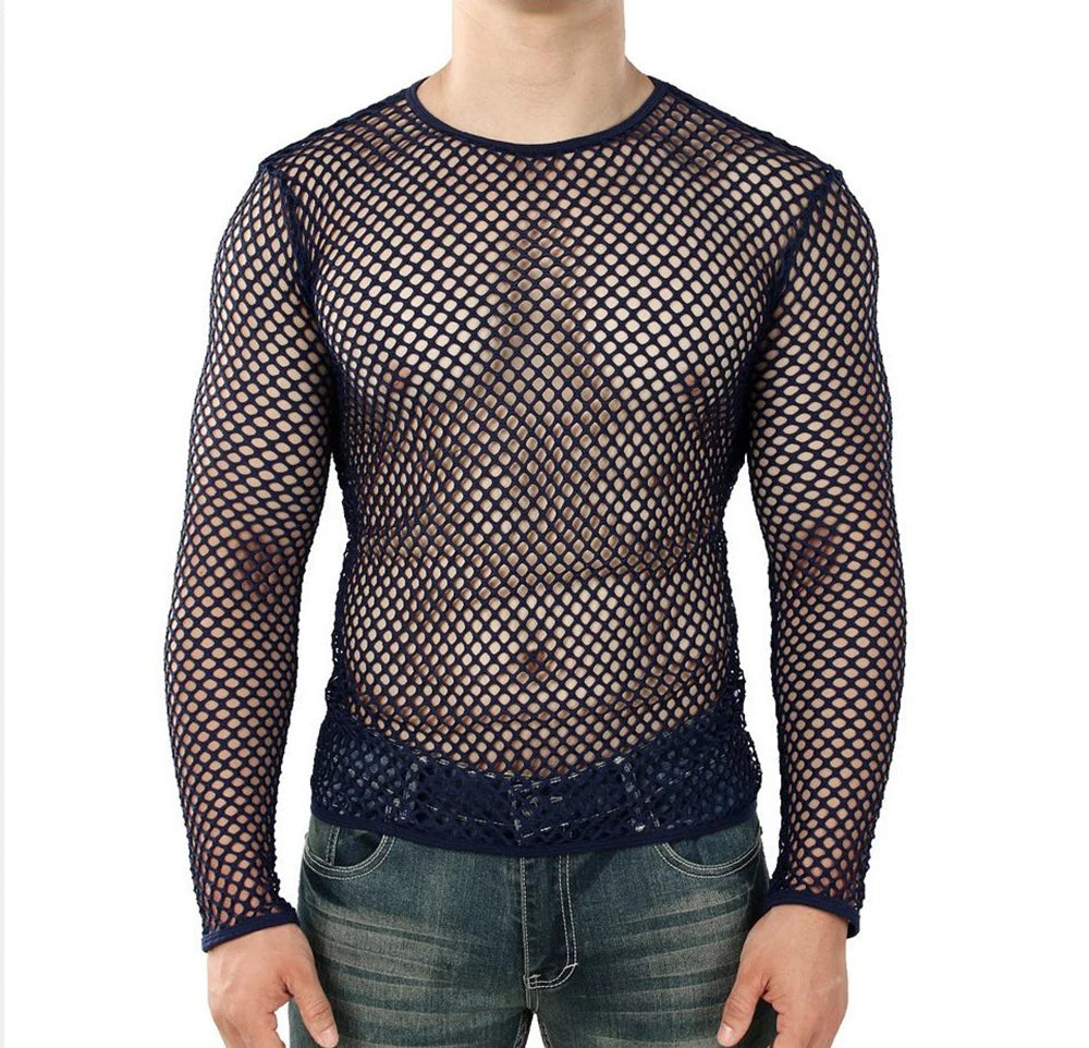Men Transparent Sexy Mesh T Shirt 2024 New See Through Fishnet Long Sleeve Muscle Undershirts Nightclub Party Perform...
