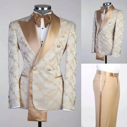 Floral Jacquard Mens Wedding Tuxedos Slim Fit Champagne Peaked Lapel Double Breasted Jacket Pants 2 Pieces