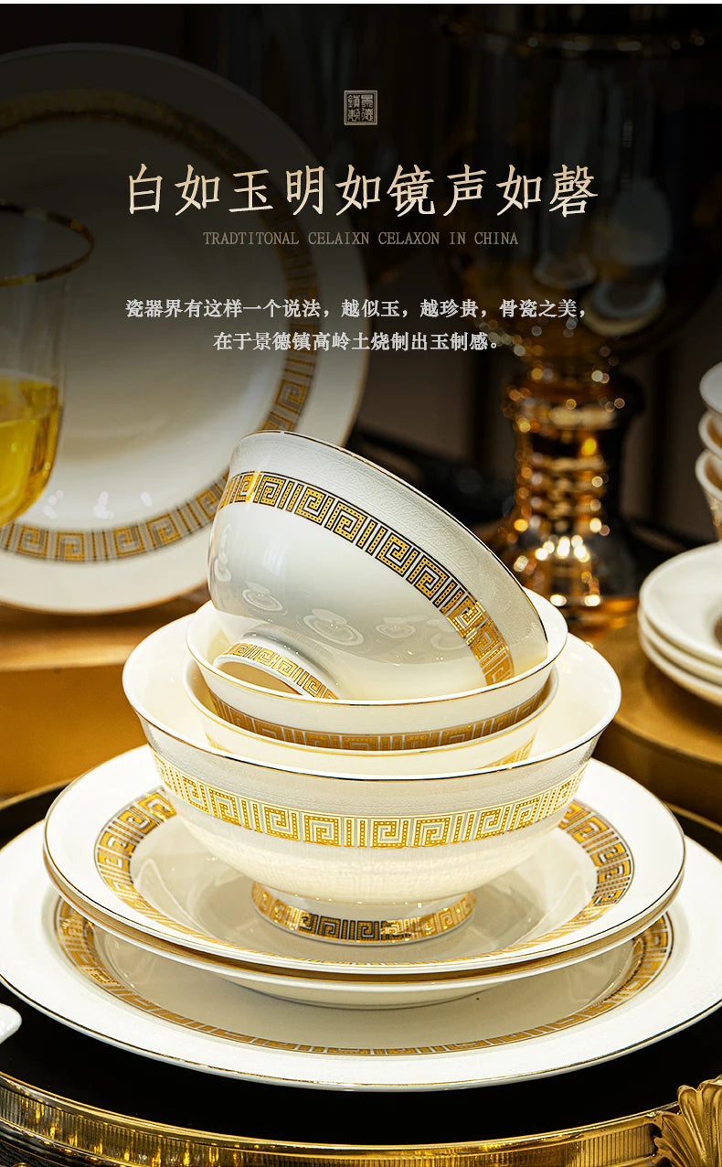 Fine Bone China Dinnerware Sets Home Kitchen Luxury Guests Wedding Tableware Set Gold Plates Jogo De Jantar Dinnerware Sets