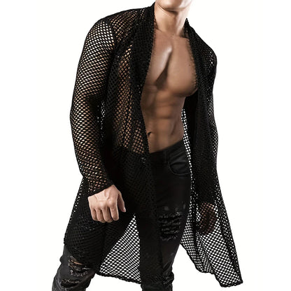 Men's Sexy Hollow Out Long Cardigan Grid Shirts Streetwear Fashion Perspective Long-sleeved Solid Color T Shirt Tops S-3XL - Kimlud