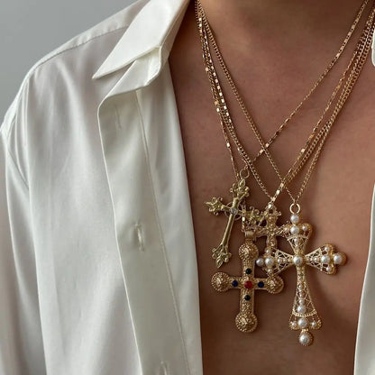 Geometric Ethnic Style Men Necklace Silver Pearl Cross Pendant Necklace Jewelry Accessories Golden Rhinestone Necklace Women