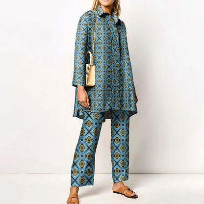 Autumn New Loose Vintage Printed Pant Sets Women Long Sleeve Shirts And Wide Legs Trousers Two Piece Set 2024 Fashion Streetwear