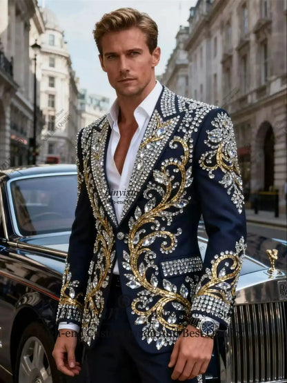 High-end Rhinestone Men Suits Customized Fashion Groom Tuxedo 2 Pieces Sets Male Prom Blazers Slim Fit Wedding Ropa hombre - Kimlud