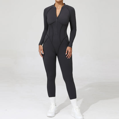 Padded Women Long Sleeve Sport Yoga Jumpsuit Workout Clothes for Women Sportwear Backless Zipper Fitness Gym Outfit