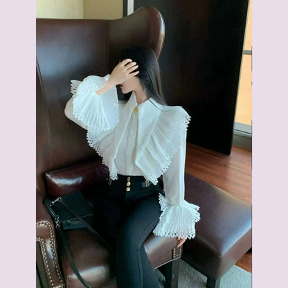 KUSAHIKI Korean Niche Flared Sleeves Turn-down Collar Shirt Fashion Women Slim Elegant Blouse Tops 2024 Spring New Tops Camisas