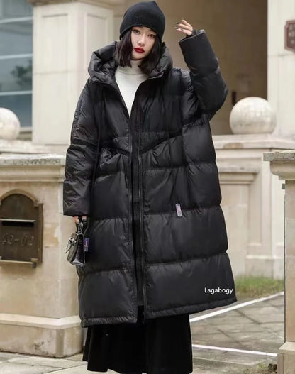 Lagabogy 2025 New Winter Women Oversize Long Puffer Coat Female Thick Warm White Duck Down Jacket Hooded Loose Parkas Outwear