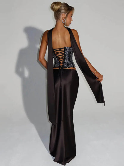 Mozision Sequins Sexy Dress Set Women Sparkle Scarf Collar Crop Tops And Maxi Skirt Elegant Club Party Satin Skirt Matching Set