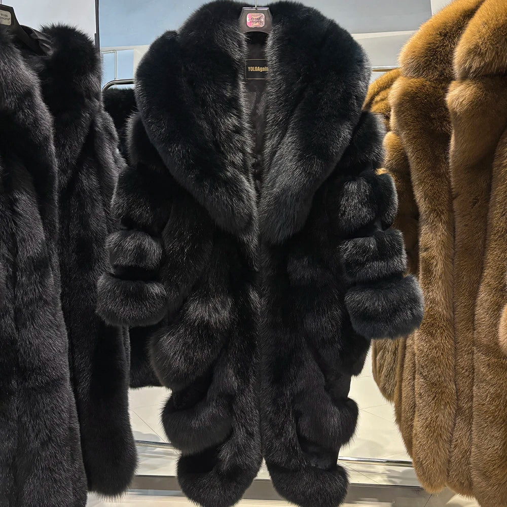 YOLOAgain Real Fox Fur Jacket For Women Luxury Natural Fox Fur Coat Winter Outerwear
