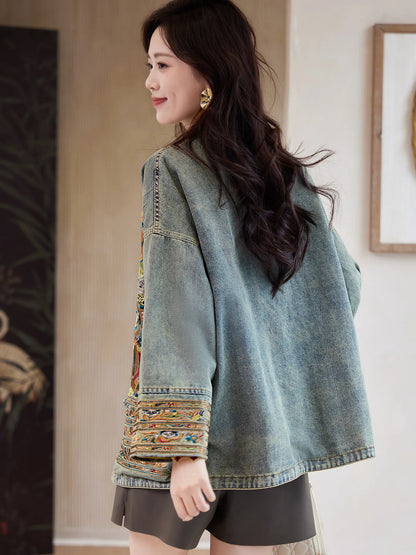 Women Distressed Denim Jacket Heavy Embroidery Lucky Chinese Style 2026 Spring Loose Casual Jean Coat