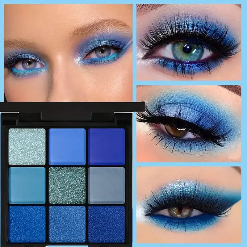 9 Color Eyeshadow Palette Blue Waterproof Sweatproof Blue Matte Pearl Glitter Finish Performance Stage Makeup Music Festival - Kimlud