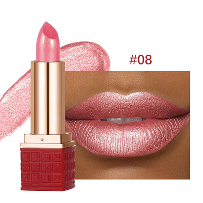 Rose Metallic Lipstick Glitter Lip Glaze Waterproof Long Lasting Moisturize Bright Red Pearlescent Shiny Lipgloss Makeup 6color