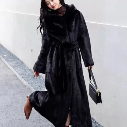 Women Thick Maxi Jacket Y2k Autumn Winter Belt Faux Fur Maxi Coat Long Warm Luxury Belt Fur Black Parkas Bontjas Furry Outerwear