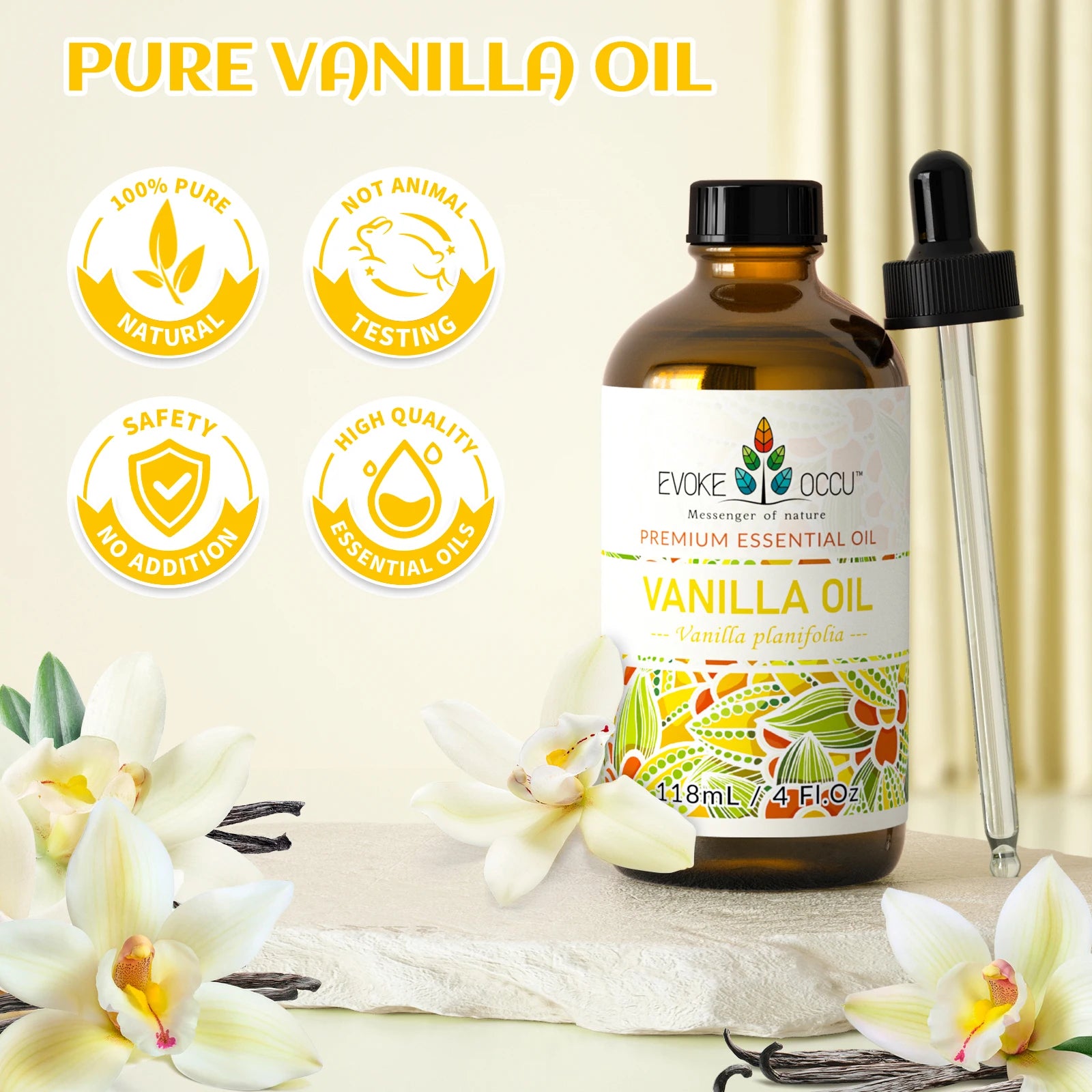 EVOKE OCCU Vanilla Essential Oil 118mL Ylang Rose Orange Aroma for Massage Relaxation Hair Shampoo Conditioner Skin Care Cream - Kimlud