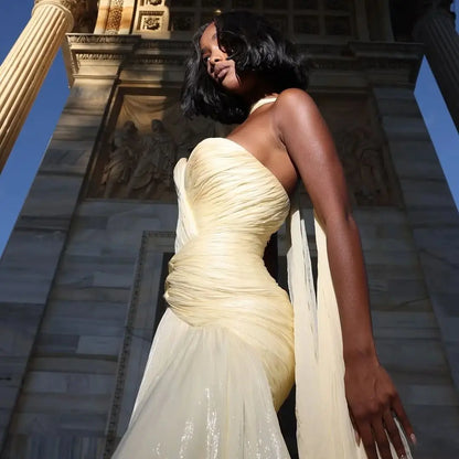 Ofherown Elegant Shiny Yellow Pleat Chiffon Evening Dresses with Scarf Stapless Mermaid Prom Gowns for Women Customized