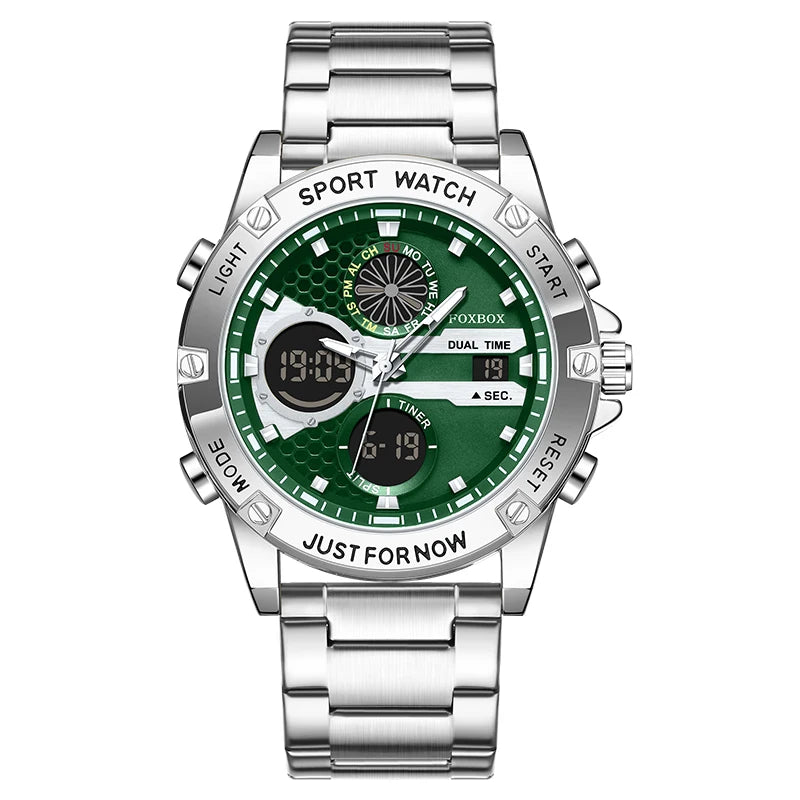 FOXBOX Fashion Men's Luxury Watch Leather Strap Quartz Watches Business Dual Display Waterproof Date Chronograph Man Watch+Box - Kimlud
