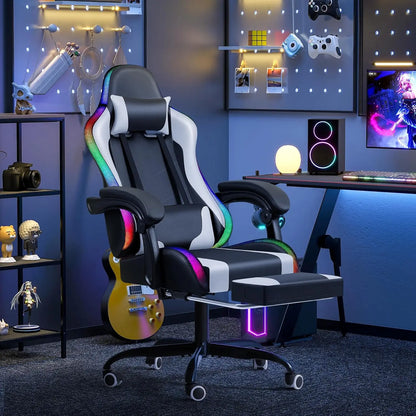Gaming Chair with RGB LED Lights, Video Game Chair with Footrest and Massage Lumbar Support, High Back Reclining, Customized