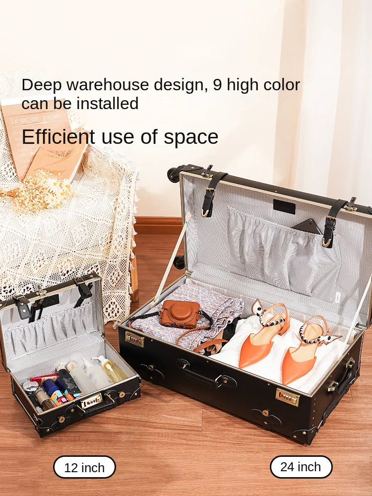 Classic Retro Suitcase 20/24/26inch PP+PC Travel Suitcase Large Capacity Handmade Leather Suitcase Travel Set with Makeup Case