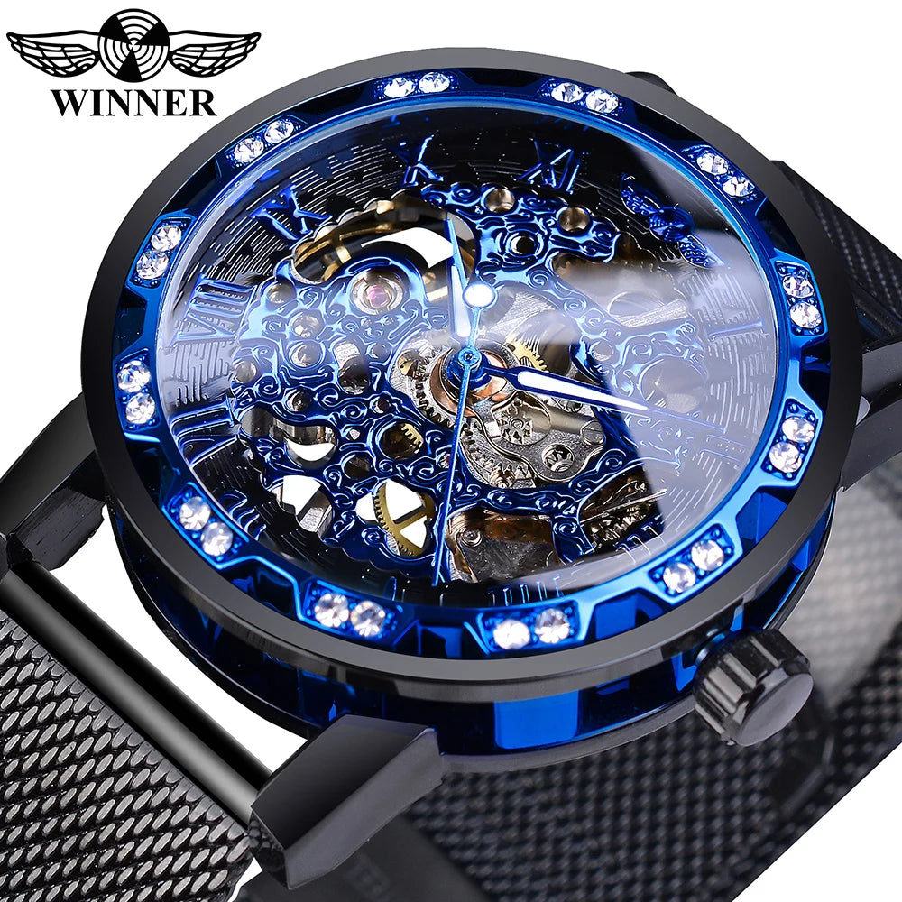 Winner Casual Mechanical Watches For Men Golden Roman Fashion Stainless Steel Belt Mesh Strap Wristwatch Clock Relogio Masculino