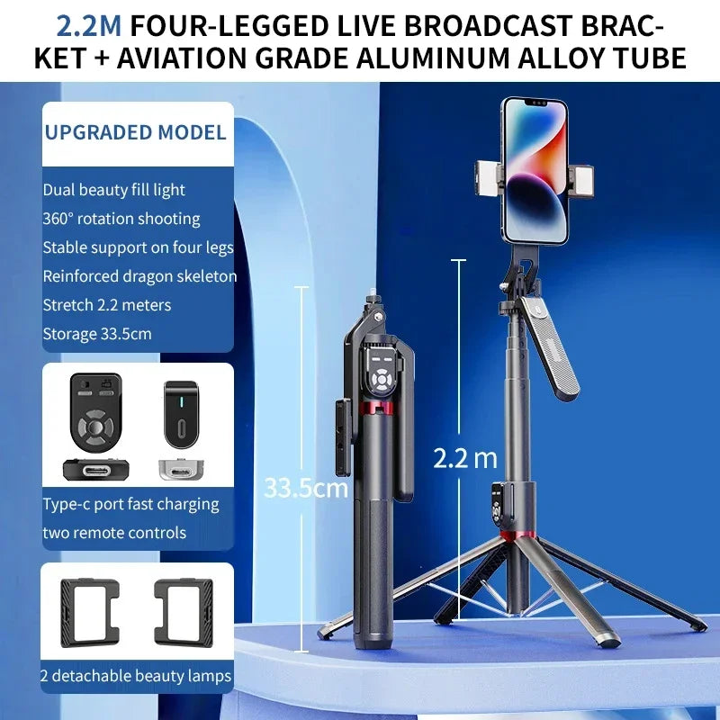 P325 Dual Remote Selfie Stick 2.2M Extended Mobile Phone Quadpod Wireless Bluetooth Selfie Stick Handheld Stabilizer Bracket