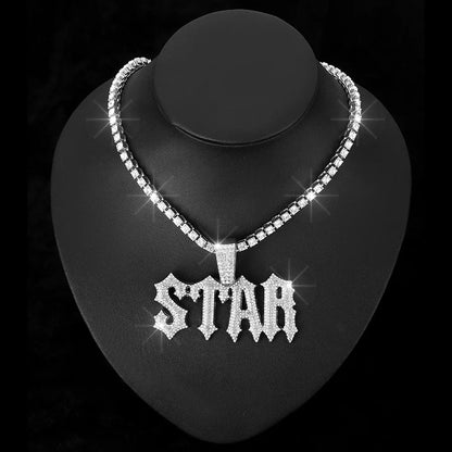 Men Women Hip Hop Letter STAR  Pendant Necklace with Cuban Chain Iced out Bling Necklaces Tennis Chain Fashion Punk Jewelry Gift
