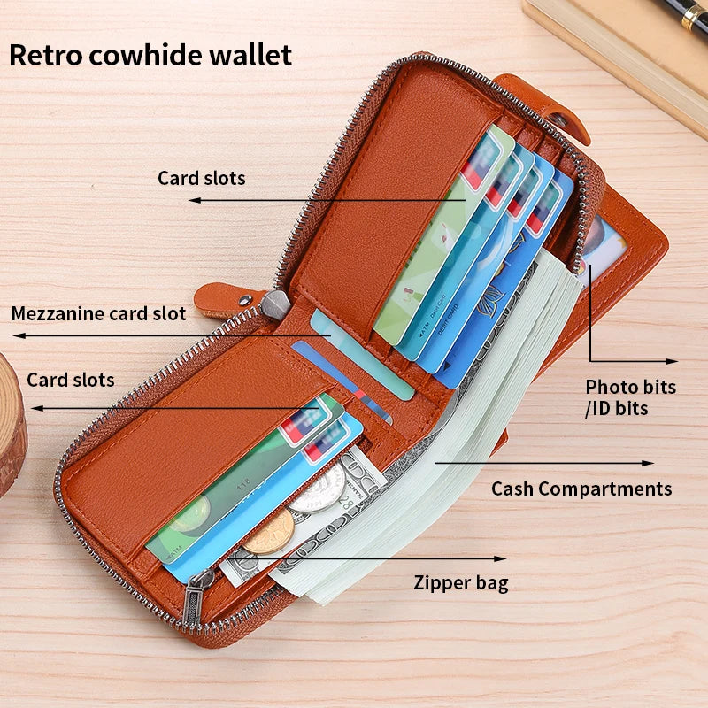 Vintage top layer cowhide anti-theft brush, anti demagnetization 2 large cash slots, buckle zipper wallet, large...