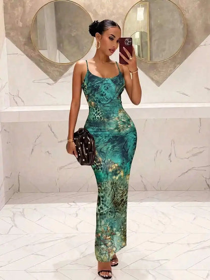Womens Floral Print Elegant Waist Cinched Long Strap Dress For Party,Summer Dresses For Women