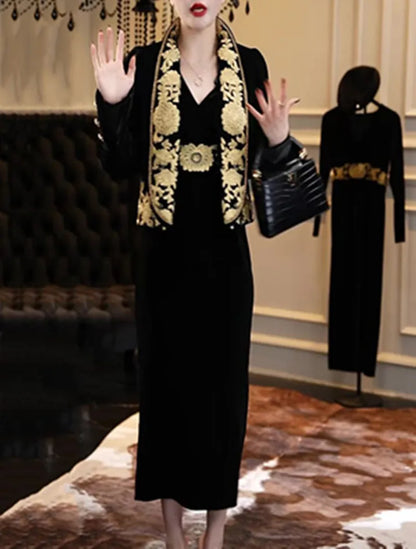 Retro Floral Embroidered Suits Jacket 2024 Autumn Winter New Turn Down Collar Black Velvet Blazer Coat Fashion Cardigan Tops