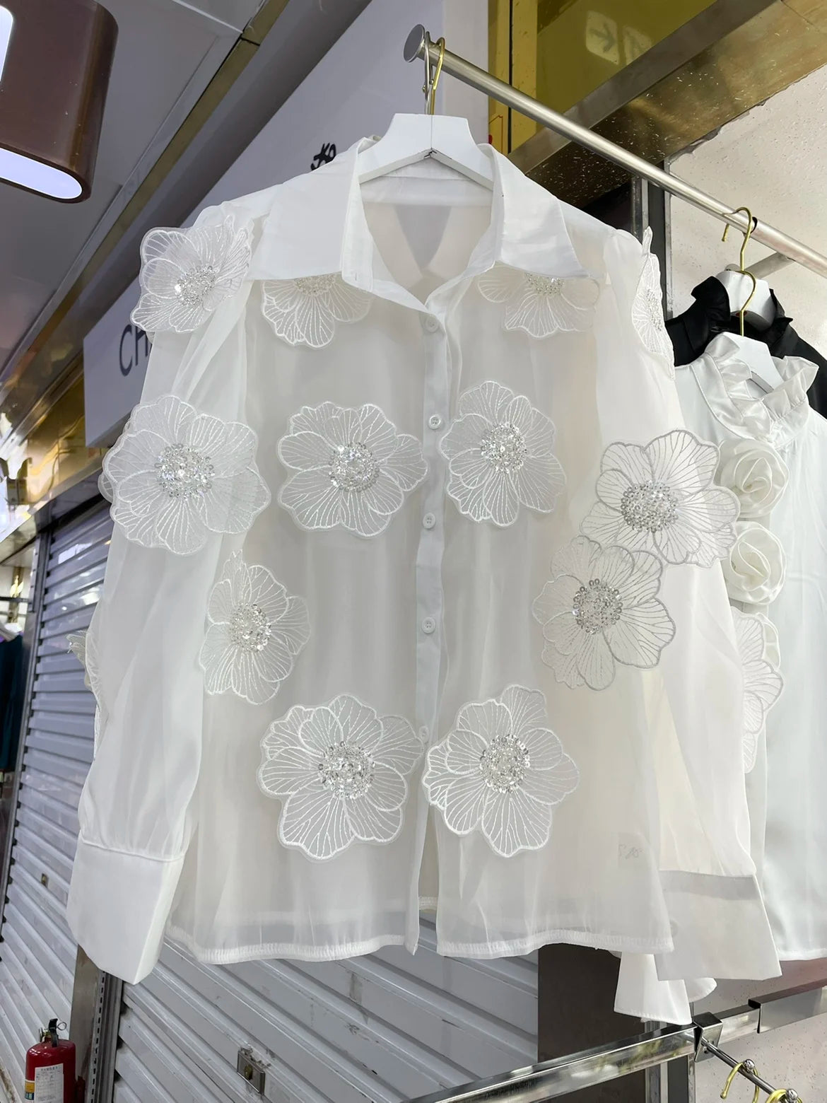 2024 Spring Summer Long Sleeve Sequins Petals Applique White Beige Mesh Shirts and Blouses For Women Sexy See- through...