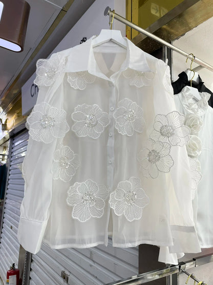 2024 Spring Summer Long Sleeve Sequins Petals Applique White Beige Mesh Shirts and Blouses For Women Sexy See- through...