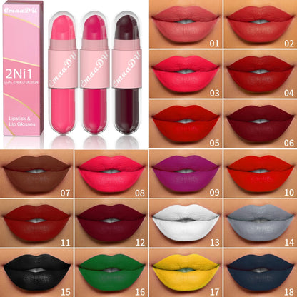 18Color 2 in 1 Sexy Red Brown Matte Liquid Lipstick Double Head Purple Lip Gloss Moisturizer Lasting Waterproof Lip...