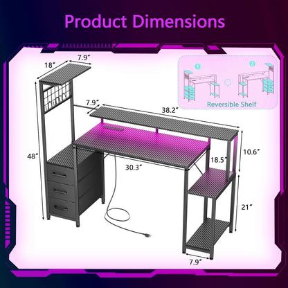 48 Inch Gaming Desk with LED Lights & Power Outlets,Computer Desk with Fabric Drawers & Side Hook,Reversible Gamer,...