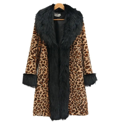 Women's Clothing Leopard Print Coat Long Coat Mink Fur Overcoat Fox Fur Fur Collar Winter Warm Windbreaker Loose Fit Plus Size