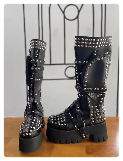 Black Pocket Round Toe Knee-High Platform Women Boots With Rivet Chunky High Heels Slip On Design Large Size Customized Shoes - Kimlud