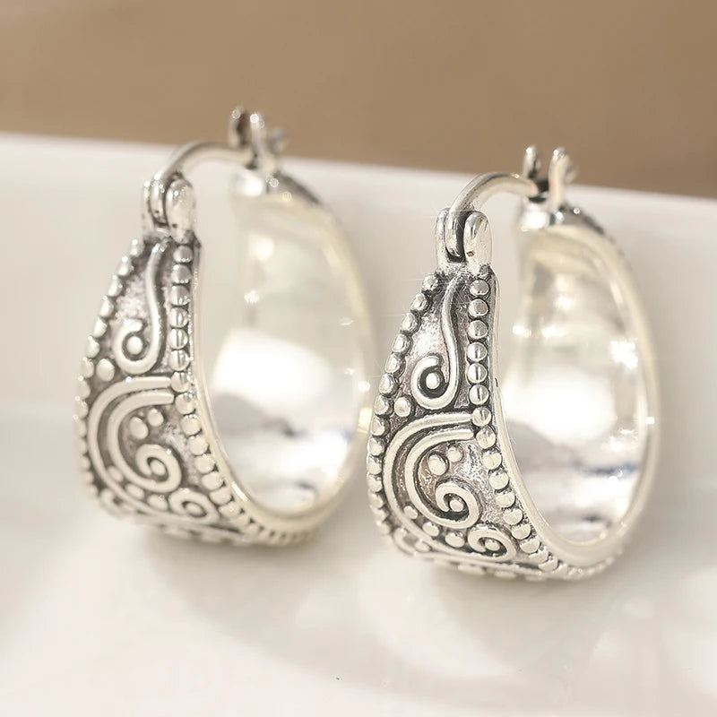 Vintage Copper Material Craftsman Hand Carved Textured Earrings Ornament Earrings, Hoop Earrings