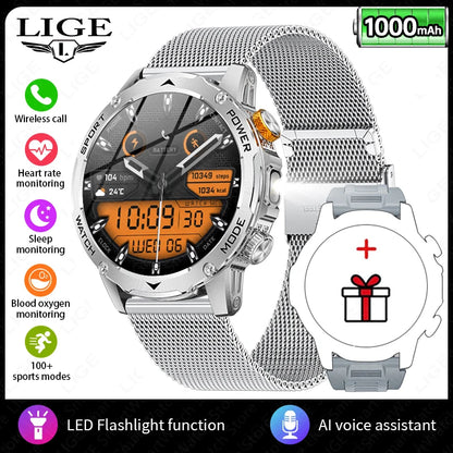 LIGE Smart Watch Man 1000mAh Long Standby Outdoor Smartwatch Men LED Flashlight Waterproof Heart Rate Sport BT Call Smartwatches