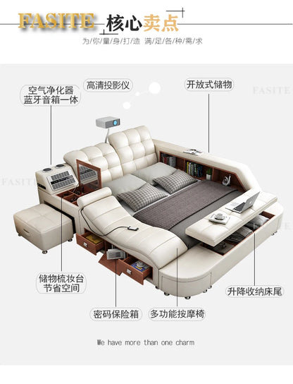 Genuine Leather Tech Smart  Multifunctional Beds Massage Modern Luxury Camas Upholstered With Bluetooth Speaker,Air Cleaner