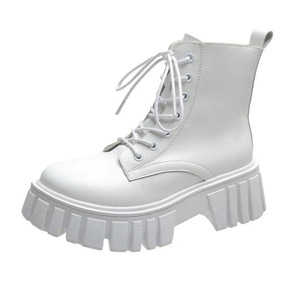 2022 New Women White Ankle Boots PU Leather Thick Sole Lace Up Combat Booties Female Autumn Winter Platform Shoes Woman
