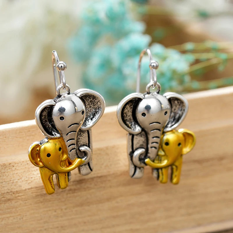 Huitan Cute Elephant Shaped Women Drop Earrings Two Tone Party Fashion Metal Accessories Delicate Lovely Animal Jewelry Gift