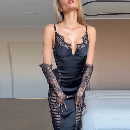 Sexy Cutout Lace Trim Satin Bodycon Midi Dress Women's Elegant Strap Slim Sleeveless Dresses Lady New Trend Club Date Night - Kimlud