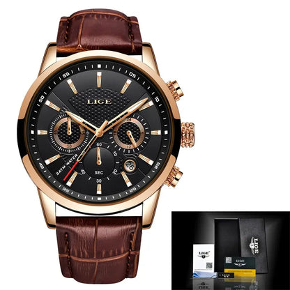 LIGE Watches Men 2024 Top Brand Luxury Casual Leather Quartz Men Watch Man Business Clock Male Sport Waterproof Date Chronograph