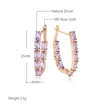 Luxury Full Claw Oval Purple Zircon Metal Earrings 585 Gold Color Ear Drop Statement Jewelry Women Party Wedding Accessories