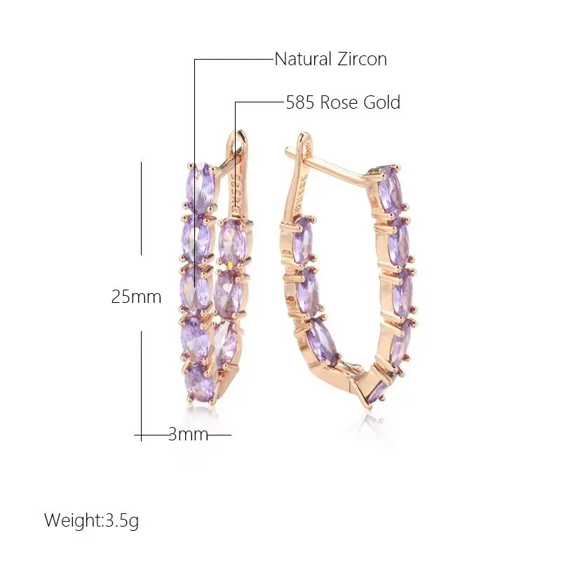 Luxury Full Claw Oval Purple Zircon Metal Earrings 585 Gold Color Ear Drop Statement Jewelry Women Party Wedding Accessories