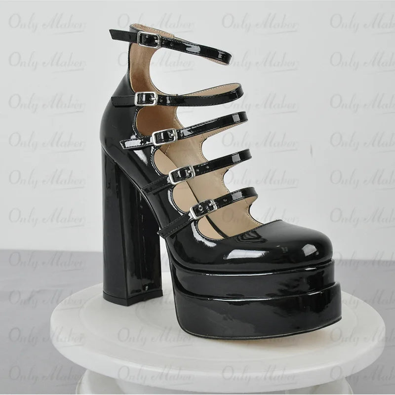 Onlymaker Women Buckle Strap Platform Pumps Black Patent Leather Cross-tied Square Toe Fashion Party Thick High Summer...